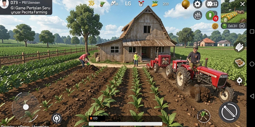 Screenshot gameplay D73 memperlihatkan ladang yang subur dan beragam tanaman.