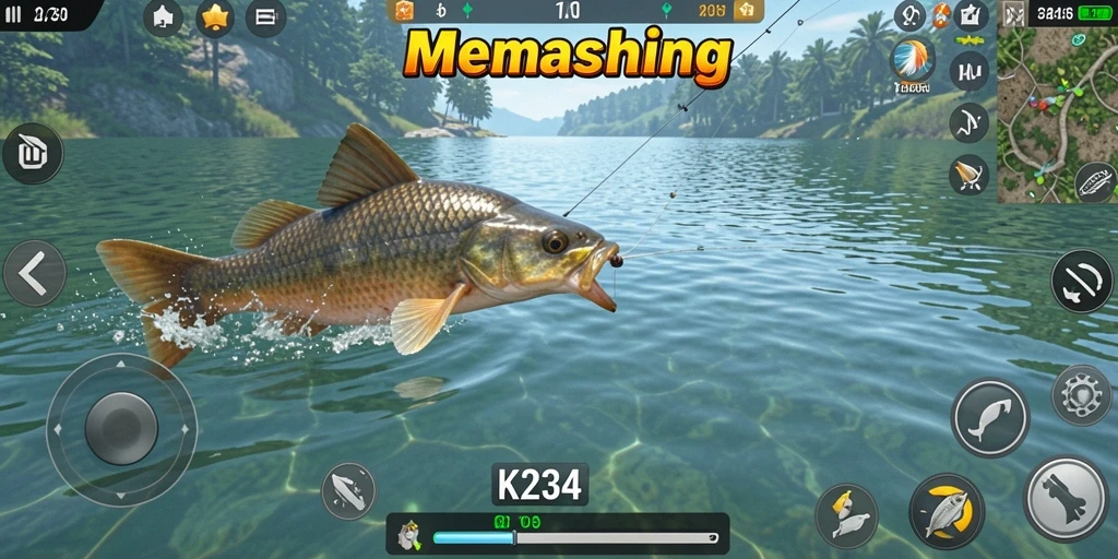 Screenshot gameplay K234 menunjukkan aksi memancing yang menarik dan pemandangan indah.