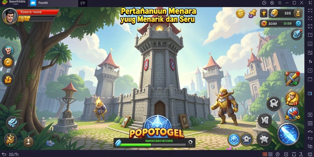 Tampilan gameplay <strong>POPOTOGEL</strong> dengan menara dan musuh yang beragam.
