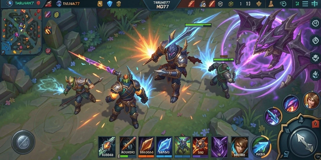Screenshot TARUHAN77 menampilkan pertarungan MOBA yang intens.