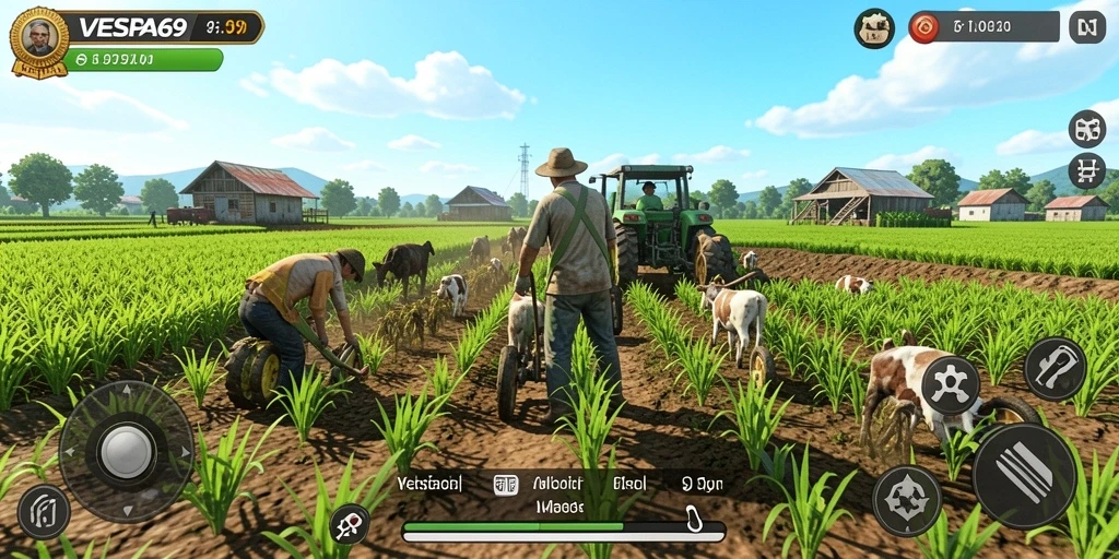 Screenshot gameplay VESPA69 menampilkan pemandangan kebun yang indah dan interaktif.
