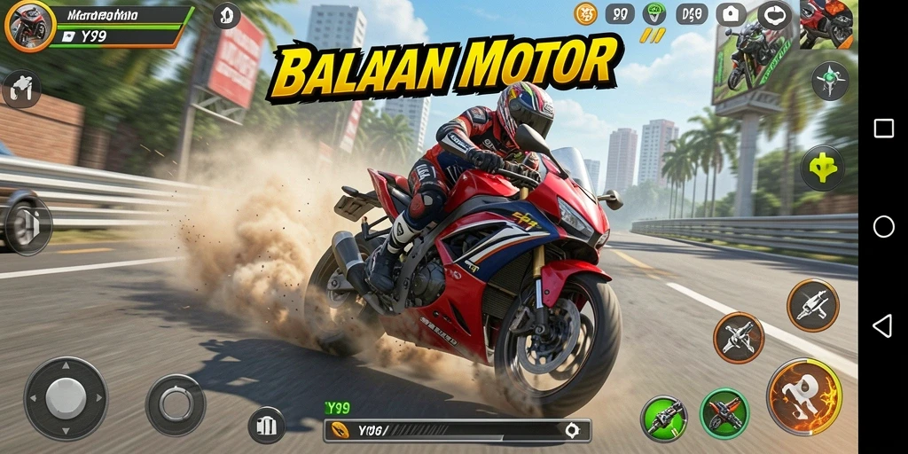 Screenshot utama Y89 menampilkan aksi balap motor yang mendebarkan.